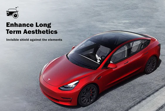 Red car viewed from above with glossy paint finish on a clean surface. Text on the image reads "Enhance Long Term Aesthetics" and "Invisible shield against the elements" supporting the section about maintaining shine and appearance over time.