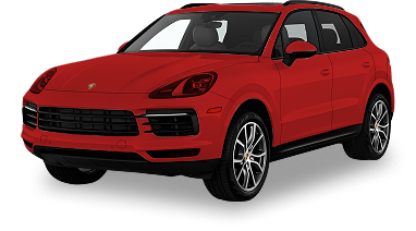 White SUV fully highlighted in red to show complete paint protection coverage across all exterior panels. Text on the card reads "FULL BODY" and "Coverage. Full Hood Roof and Trunk Full Fenders and Quarters Full Front and Rear Bumper Full Doors and Rocker Panels Mirror Caps and Pillars Headlights" with note "All painted parts of the vehicle."