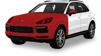 White SUV with the full hood, fenders, and front bumper highlighted in red to show extended coverage areas. Text on the card reads "FULL FRONT" with a "Popular" badge and "Coverage. Full Hood Full Fenders Full Front Bumper Mirror Caps Headlights" indicating more complete front end protection.