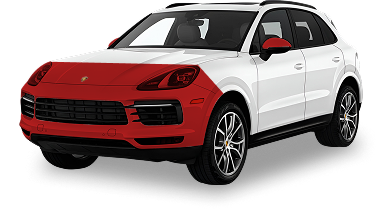 White SUV with the front bumper, partial hood, and fenders highlighted in red to show coverage areas. Text on the card reads "PARTIAL FRONT" and "Coverage. Partial Hood Partial Fenders Full Front Bumper Mirror Caps Headlights" indicating protection for high impact front sections.