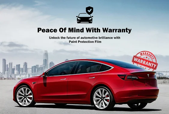 Red sedan parked with city skyline in the background and badge icon above it. Text on the image reads "Peace Of Mind With Warranty" and "Unlock the future of automotive brilliance with Paint Protection Film" with a visible "WARRANTY" stamp, supporting the section about long term protection and manufacturer backed coverage.