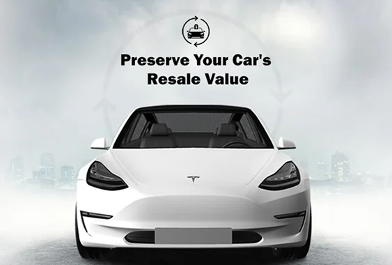 Front view of a white car against a clean background with text reading "Preserve Your Car's Resale Value". The image supports the section about maintaining original paint condition and increasing vehicle resale value.