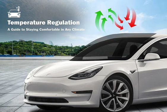White car parked outdoors with red and green airflow arrows above the roof to illustrate heat control and cabin cooling. Text on the image reads "Temperature Regulation" and "A Guide to Staying Comfortable in Any Climate," supporting the section about reducing heat buildup and helping the vehicle stay cooler in hot weather.