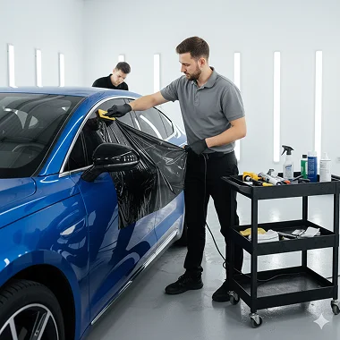 A technician applies window tint film to the side window of a blue car in a bright workshop while tools sit on a rolling cart nearby. The image supports the section about improving driving comfort, reducing interior heat, and enhancing privacy with professional automotive window tint.