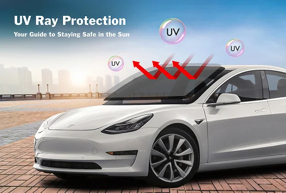 White car parked outdoors with red arrows and UV symbols above the windshield to show sunlight being blocked. Text on the image reads "UV Ray Protection" and "Your Guide to Staying Safe in the Sun," supporting the section about blocking harmful ultraviolet rays and protecting vehicle interiors from fading and damage.
